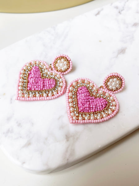 Pink Seed Beaded Heart Drop Earrings