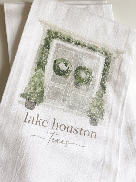 Holiday Doors Tea Towel -Lake Houston -white cotton