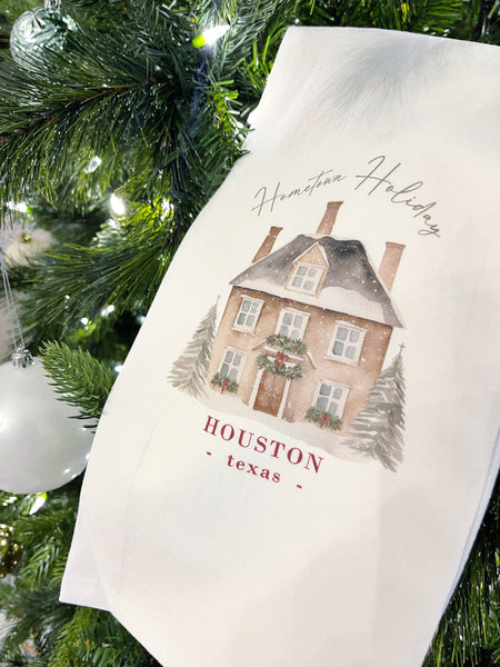 Houston, TX Custom Christmas Doors Tea Towel: White