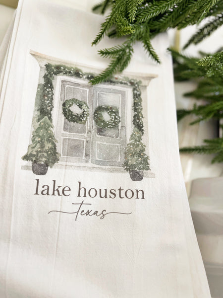 Lake Houston, TX Custom Christmas Doors Tea Towel: White