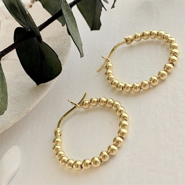 14K Gold Beaded Hoop Earrings – 2 Inches | Elegant & Lightweight Gold Hoops