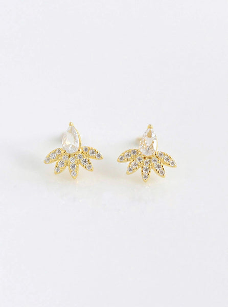 925 Sterling Silver Flower CZ Drop Shape Stud Earrings: Gold