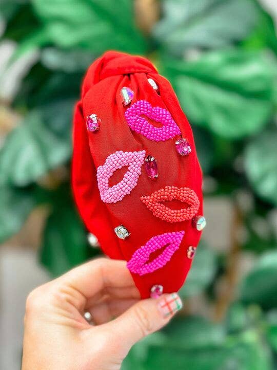 Seed Bead Kiss Lips Knotted Headband: Red