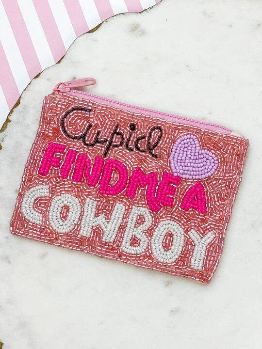 'Cupid Find Me A Cowboy' Beaded Zip Pouch