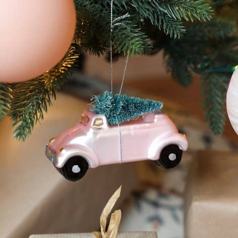 Pink Car With Bristly Christmas Tree Ornament