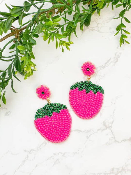 Pink Strawberry Beaded Dangle Earrings