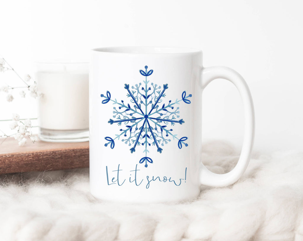 Let it snow blue watercolor snowflake mug