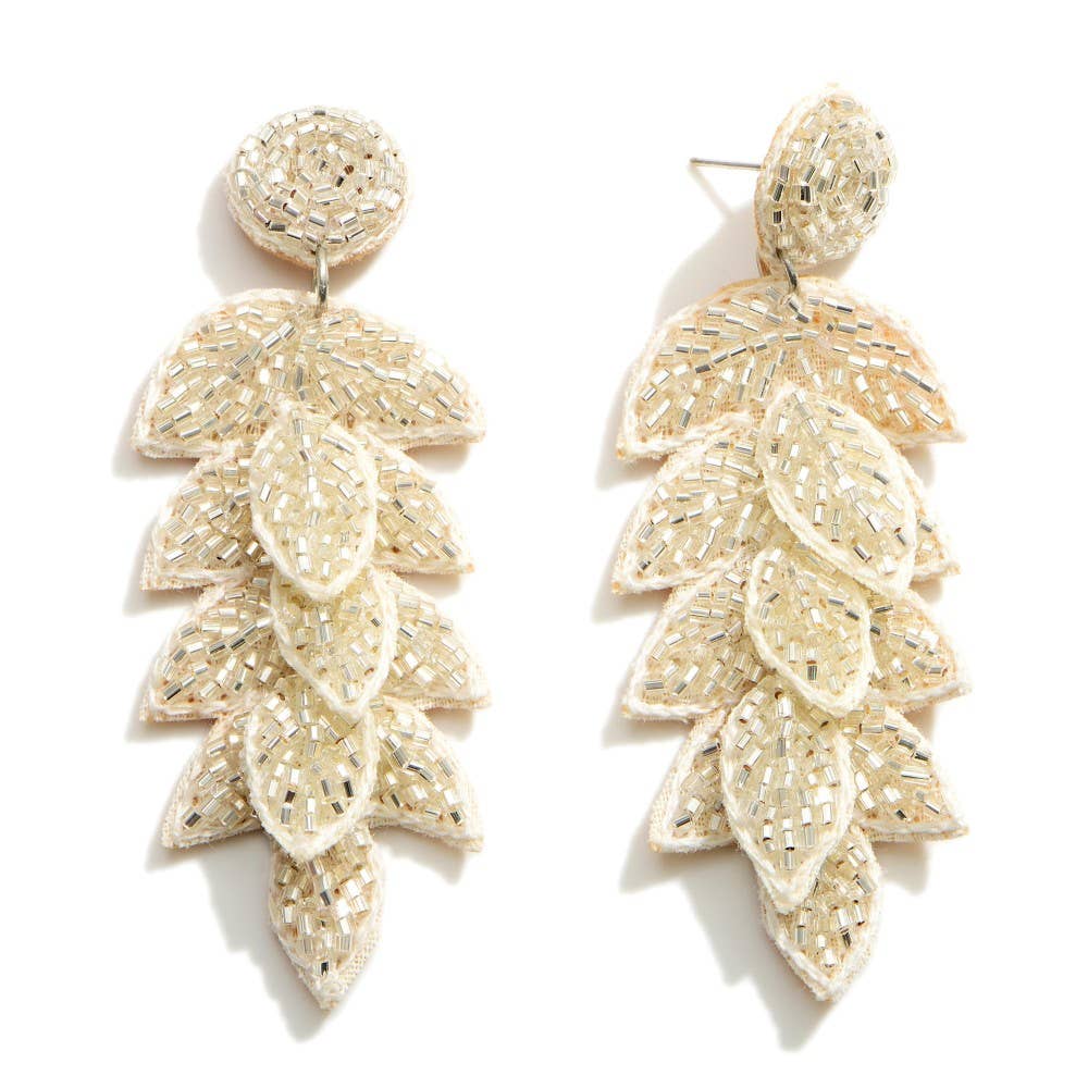 Long Ivory Leaf Drop Earrings Featuring Beaded Accents