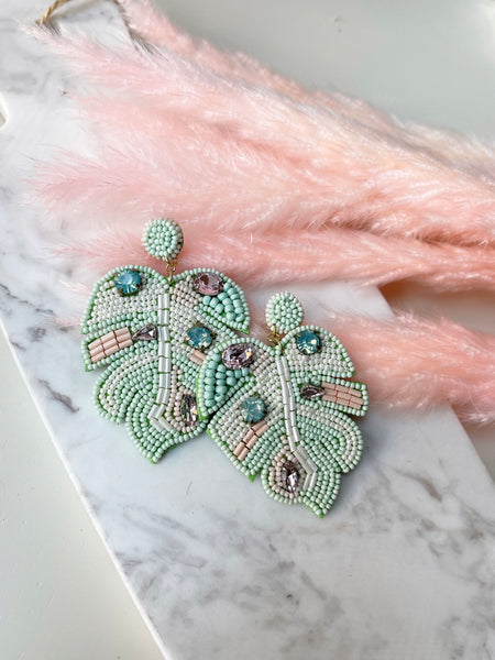 Pastel Monstera Seed Bead & Jewel Palm Leaf Dangle Earrings - Mint