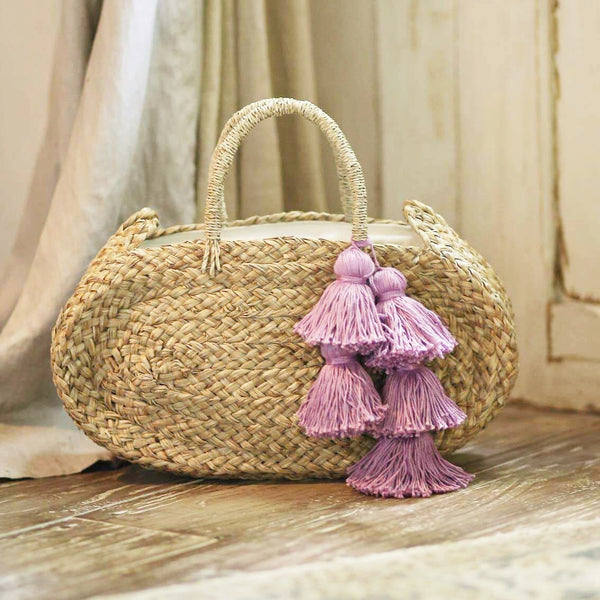 Oval Luna Straw Bag - with Purple Tassels