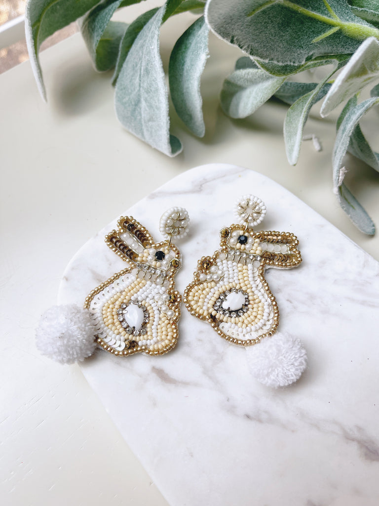 Ivory and Taupe Bunny Seed Bead Statement Earrings