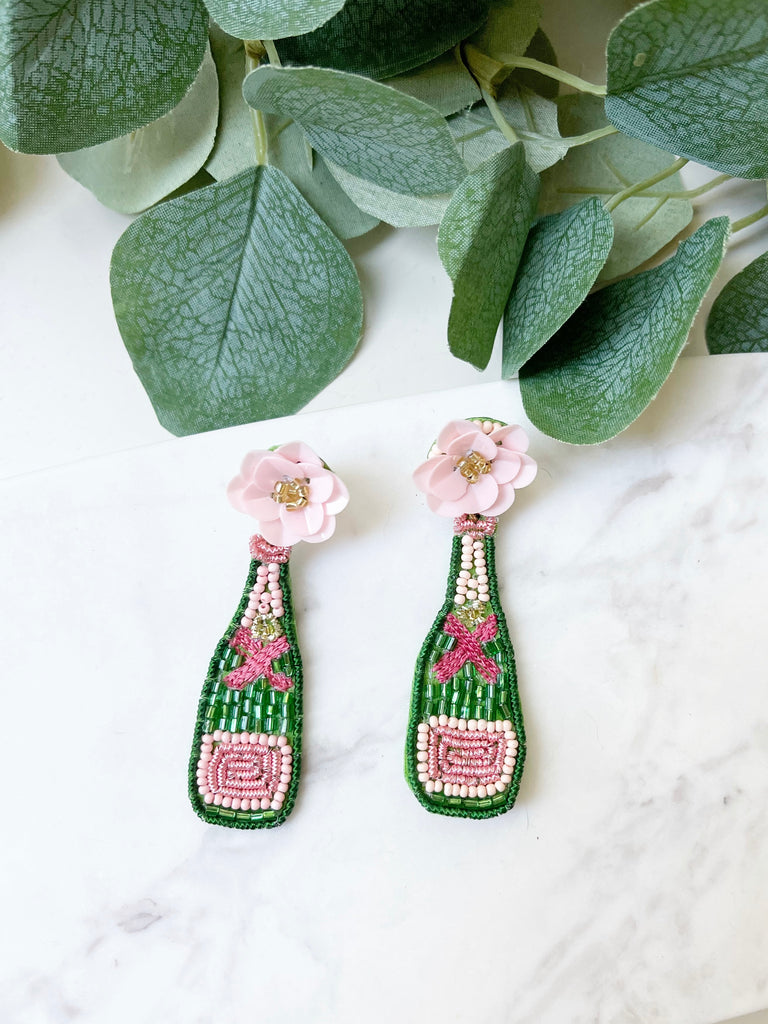Pink & Bubbly Floral Wine Bottle Beaded Dangles