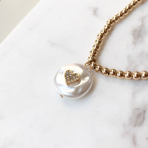 Pavé & Pearl Heart Charm Pendant Gold Necklace