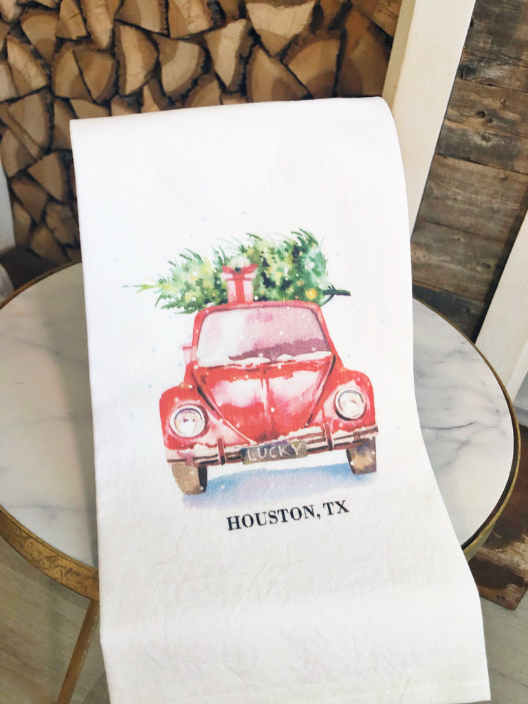Houston Christmas Car Custom Tea Towel.